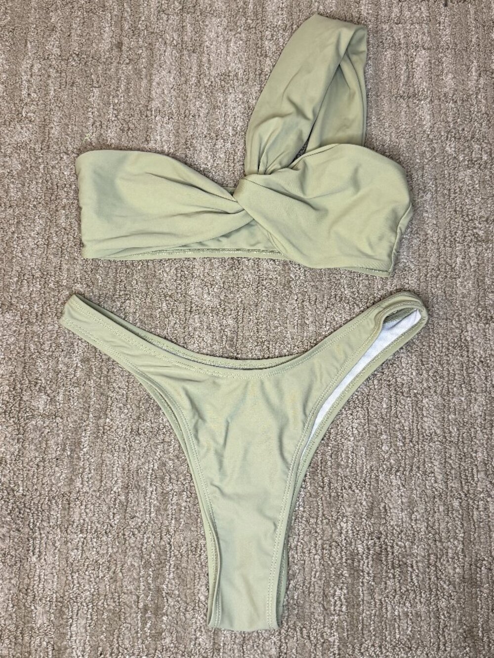 Shein Musera Women's Green Twist Ruched One Shoulder Cheeky Bikini Swimsuit Sz S